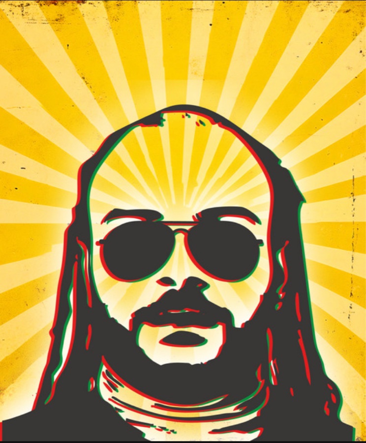 Pop-art portrait of Anilin in aviator sunglasses against a yellow sunburst